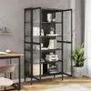 A highboard cabinet with glass and steel doors is shown in a home office setting, next to a desk and a plant. Produktbild-Vorschau