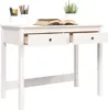 A white wooden desk with two drawers, one of which is open, showing its interior. A book is open on the desk, and two cups filled with pens and pencils are to the left. A small potted plant is to the right. Anteprima dell’immagine prodotto