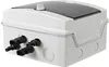A white junction box with a black lid and two black connectors on the side, isolated on a white background. Náhled obrázku produktu