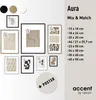 A collage of framed pictures and color swatches, with text describing product options and sizes. Voir les images du produit