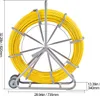 A yellow duct rodder on a silver metal stand with wheels, with dimensions indicated by text overlays. Náhled obrázku produktu