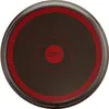 The bottom view of a round, dark brown baking pan with a red rim and red concentric circles in the center. Voir les images du produit