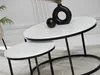 A set of two nesting coffee tables with white tops and black metal frames, decorated with a black vase and a black sphere. Náhľad obrázku produktu