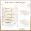 A collage of images showing a white rolling cart with 15 drawers, along with close-up views of the drawers and their dimensions. Produktbild-Vorschau