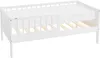 A white children's bed with a mattress and wooden slats, shown from a side angle against a white background. Produktbild-Vorschau
