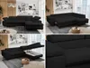 A collage of four images showing a black sectional sofa from different angles, including one image showing the storage compartment open. Produktbild-Vorschau