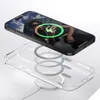 A smartphone is shown levitating above a clear phone case, with a wireless charger beneath the case. Podgląd zdjęcia produktu