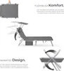 Marketing image showing a foldable sun lounger in various states of use and folded. Náhled obrázku produktu