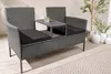 A modern grey rattan garden bench with a built-in table, placed on a wooden deck with a patterned rug. Produktbild-Vorschau