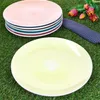 A stack of colorful plates and a single plate are arranged on a grassy surface, with tulips and a polka-dot napkin nearby. Voir les images du produit