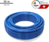 A coiled blue pipe on a white background with product information and certifications in the upper right corner. Náhľad obrázku produktu