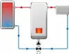 Diagram of a heating system showing a boiler, a water heater, and a radiator connected by pipes and a pump. Anteprima dell’immagine prodotto
