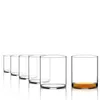 Five whisky glasses are lined up, with one glass containing a small amount of amber liquid. Produktbild-Vorschau