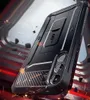 A rugged black phone case with carbon fiber accents, presented dynamically with sparks and debris suggesting impact or action. Produktbild-Vorschau