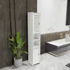 A tall, white storage cabinet with slatted doors and open shelves stands in a modern room with dark tiled walls and marble-patterned walls. Produktbild-Vorschau