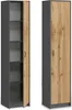 Two views of a tall, narrow cabinet against a white background. The left view shows the cabinet open, revealing shelves. The right view shows the cabinet closed. Produktbild-Vorschau