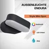 A dark gray outdoor light fixture with a white diffuser, presented with marketing text and icons. Produktbild-Vorschau