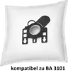 A white vacuum cleaner dust bag with a black adapter piece attached. Produktbild-Vorschau