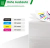 A stack of paper with a chart on top, next to a list of ink cartridge yields. Produktbild-Vorschau