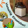 A storage box with a saddle on top, a broom, gardening tools, and beach toys shown in separate circular insets. Produktbild-Vorschau