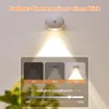 A white LED wall lamp is shown mounted on a wall, emitting a beam of light downwards. Below the lamp, a graphic interface displays three different brightness levels (10%, 50%, 100%) and a slider for adjusting brightness. Produktbild-Vorschau