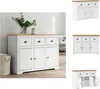 A collage of images showing a white sideboard with a wooden top, presented in different angles and with one image showing the doors open. Podgląd zdjęcia produktu