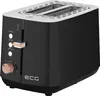 A black two-slice toaster with white accents and wood-grain details, shown from a slight diagonal angle against a white background. Voir les images du produit