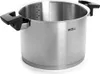 A stainless steel pot with black handles is shown against a white background. Produktbild-Vorschau