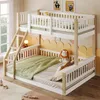 A white and natural wood bunk bed with a green blanket and a lion stuffed animal. Produktbild-Vorschau