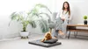 A woman sits in a chair next to a dog bed with a dog on it, in a well-lit room with a large plant. Náhled obrázku produktu
