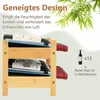 A wooden wine rack with bottles, with text and graphics highlighting its features. Podgląd zdjęcia produktu