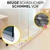 A shower seal is shown attached to a shower door, with a close-up inset of the seal and a separate inset showing a damaged shower floor with a red 'X' symbol. Produktbild-Vorschau