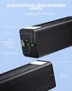 A close-up view of a black power bank with labels pointing out its features. Produktbild-Vorschau