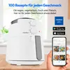A white Medion air fryer is shown on a wooden surface, with promotional text and app store icons in the background. Produktbild-Vorschau