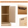A collage showing a wooden cabinet with a cane door, a close-up of a magnetic door catch, and a close-up of the cabinet's corner hardware. Produktbild-Vorschau