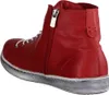 A side view of a single red high-top sneaker. Voir les images du produit