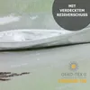 A close-up of a duvet cover showing a zipper and a certification logo. Produktbild-Vorschau