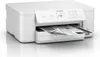 A white Epson WorkForce Pro WF-M4119DW printer is shown from a slightly elevated front-left angle, with a sheet of paper partially printed and extending from the output tray. Náhľad obrázku produktu