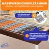 A close-up view of a bed frame with a slatted base, showcasing its wooden frame and adjustable elements. Informational text overlays highlight product features and assembly advice. Produktbild-Vorschau