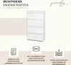 A white dresser with four drawers is shown, with icons and text highlighting its features. Produktbild-Vorschau