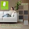A woman is relaxing on a white sofa in front of a wall with vertical wooden slats. Several color samples of the wooden slats are displayed on the right side of the image. Náhľad obrázku produktu