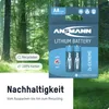 A product shot of ANSMANN lithium batteries with a nature-themed background and marketing text. Anteprima dell’immagine prodotto