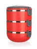 A red, three-tiered lunch container with silver accents and gray clasps, isolated on a white background. Voir les images du produit