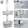 Collage of a stainless steel shower caddy with various attachments and a close-up of bottles on a shelf and a squeegee on glass. Anteprima dell’immagine prodotto