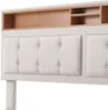 Close-up view of a beige upholstered headboard with a wooden shelf unit above it. Anteprima dell’immagine prodotto