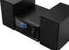 A black smart micro Hi-Fi system with two speakers is shown from a diagonal angle against a white background. Produktbild-Vorschau