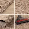 A collage of four images showing different views of a beige shaggy rug, including a close-up of the fibers, the edge of the rug, and a vacuum cleaner on the rug. Podgląd zdjęcia produktu