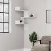 A modern white corner shelf unit is mounted on a light gray wall next to a window. A decorative vase and books are placed on the shelves. A potted plant and a chair are visible in the foreground. Podgląd zdjęcia produktu