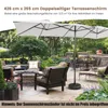 A patio scene with outdoor furniture and a large double-sided patio umbrella. Náhled obrázku produktu