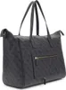 A studio shot of a dark gray shopper bag with a repeating logo pattern.
